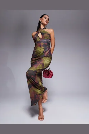 ASOS Vestido largo verde oscuro y rosa con estampado floral y cuello halter cruzado en la parte delantera de