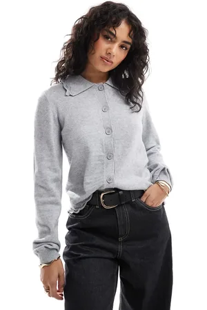 Object Cárdigan gris claro con cuello tipo polo y ribete festoneado de