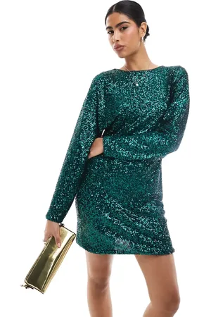 French Connection Vestido corto verde bosque con lazo en la espalda de lentejuelas de