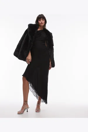 MANGO Vestido largo asimétrico con hombro caído y capa superior transparente de