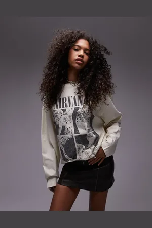 Topshop Camiseta color de manga larga y corte skater con estampado gráfico con licencia de Nirvana de -Blanco