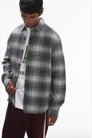Topman Camisa a cuadros negros de manga larga de tejido cepillado de