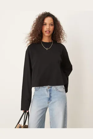 ASOS Camiseta negra de corte cuadrado y manga larga de -Blanco