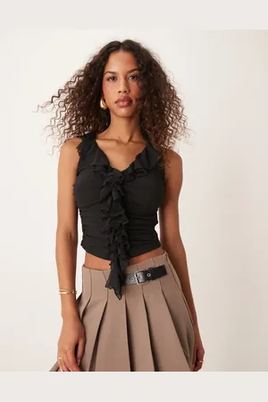 New Look Camiseta negra sin mangas con volantes de malla de -Negro