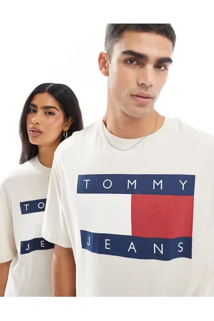 Tommy Hilfiger Camiseta hueso unisex con logo grande de bandera de