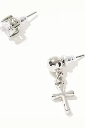 ASOS Pendientes de botón y colgante plateados con diseño con cristal y charm de cruz de