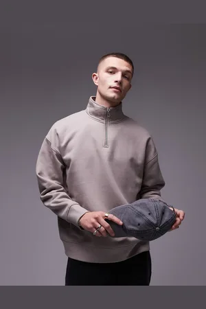 Topman Sudadera color extragrande con cremallera corta de tejido grueso premium de -Beis neutro