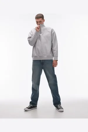 Topman Sudadera gris jaspeado extragrande con cremallera corta de tejido grueso premium de