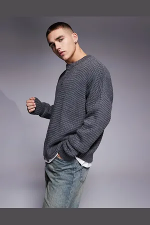 ASOS Jersey gris carbón jaspeado de corte cuadrado extragrande con cuello panadero de punto de arroz texturizado de
