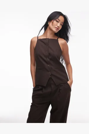 Topshop Chaleco marrón chocolate con raya diplomática y cuello cuadrado de