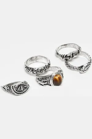 ASOS Pack de 5 anillos de tono pulido con diseño de brújula y piedras sintéticas de ojo de tigre de