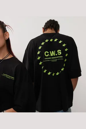 COLLUSION Camiseta negra de corte cuadrado con estampado gráfico de Unisex