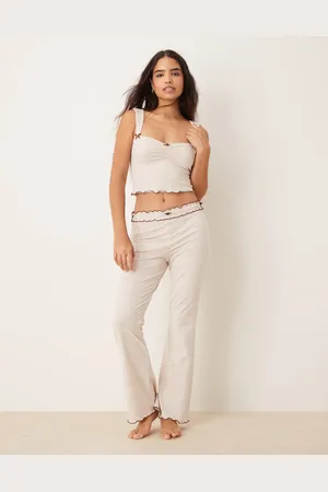 The Frolic Pantalones de pijama color jaspeado de corte slim acampanado con bordes ondulados en contraste exclusivos de (parte de un conjunto)-Beis neutro