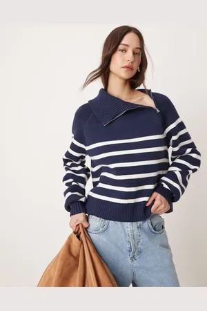 Pimkie Jersey azul marino a rayas blancas extragrande con cuello asimétrico con cremallera de