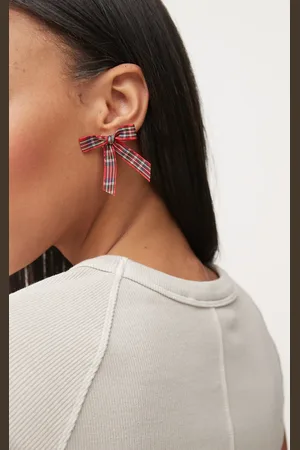 Reclaimed Pendientes rojos de lazo con diseño festivo de cuadros escoceses de