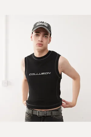 COLLUSION Camiseta negra ajustada sin mangas con logo de metal de