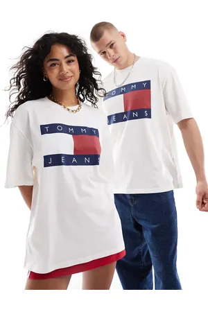 Tommy Hilfiger Camiseta hueso unisex con logo grande de bandera de