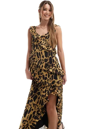 VERO MODA Vestido largo beis con estampado de leopardo y volante de chifón de -Multicolor