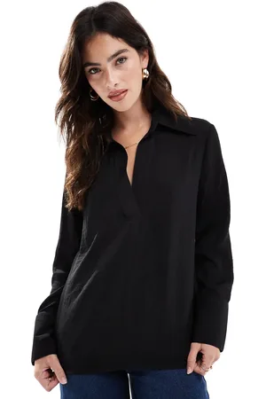 Pimkie Camisa negra holgada de manga larga con cuello de pico y detalle de solapas de