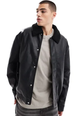 ASOS Chaqueta Harrington negra acolchada de cuero sintético con solapas de borreguito de