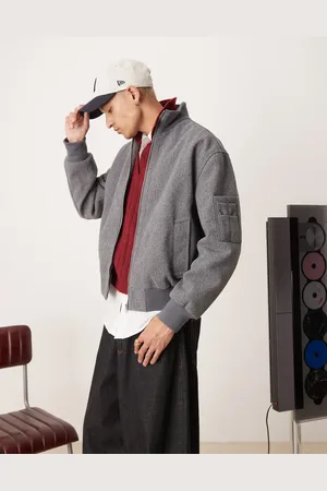 ASOS Chaqueta bomber gris extragrande con cuello alzado de tejido efecto lana de