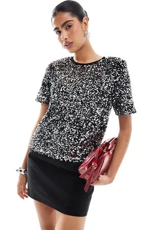 Morgan Camiseta negra y plateada de manga corta de terciopelo con lentejuelas de -Multicolor
