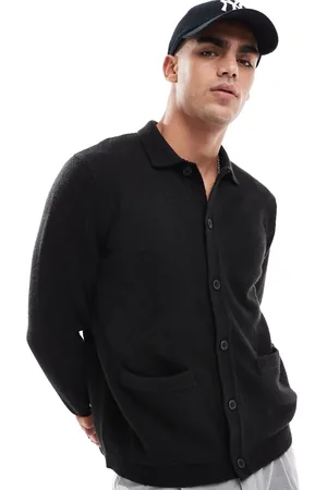 ASOS Cárdigan holgado con bolsillos delanteros y cuello tipo polo de punto de -Azul marino