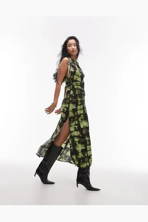 Topshop Vestido largo a cuadros con lateral fruncido y detalle de abertura de
