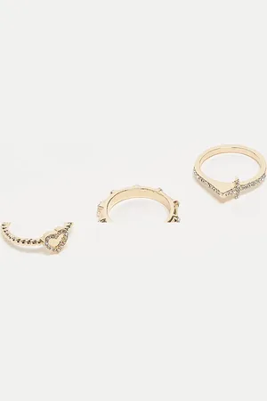 Reclaimed Pack de 3 anillos dorados finos con diseño de cruz y corazón de