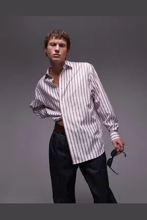 Topman Camisa a rayas rojo ladrillo extragrande de manga larga de