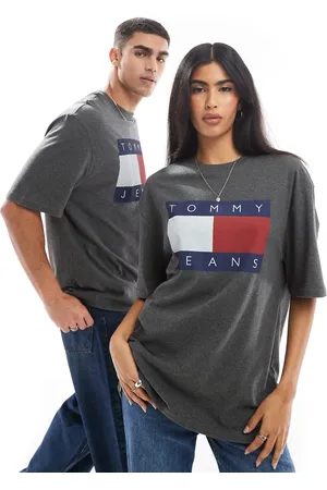 Tommy Hilfiger Camiseta gris carbón unisex con logo de bandera grande de