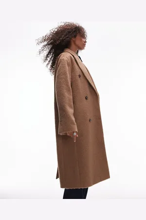 Topshop Abrigo color con doble botonadura y acabado cepillado de tejido efecto lana de -Beis neutro