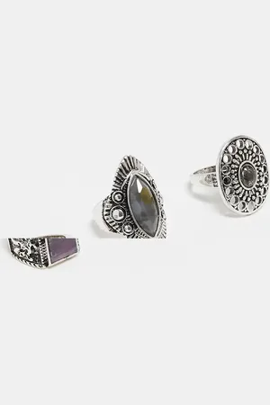 Reclaimed Pack de 3 anillos plateados unisex con piedras sintéticas de