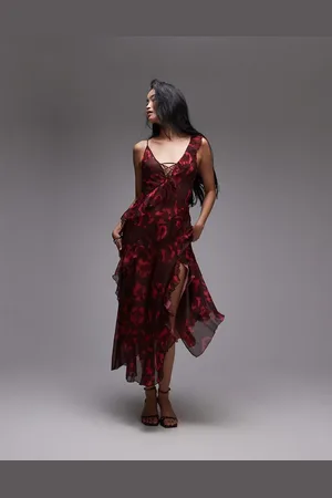 Topshop Vestido lencero largo color guinda con estampado floral y volantes de -Rojo