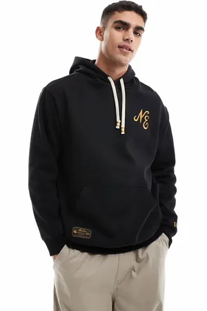 New Era Sudadera negra con capucha y logo de texto de -Azul marino