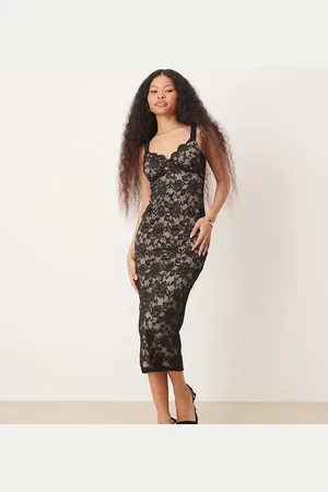 New Look Vestido midi negro con diseño en 2 tonos de encaje de