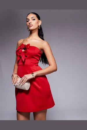 New Look Vestido corto rojo con escote palabra de honor y detalle de lazo de