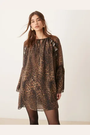 ASOS Vestido corto con mangas ángel y estampado de leopardo de chifón de -Multicolor