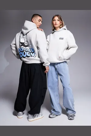 ASOS Sudadera gris jaspeado unisex extragrande con capucha y estampado de Pato Donald de Disney de tejido efecto neopreno de -Blanco
