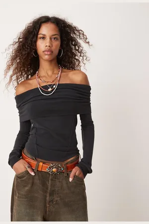 Free People Top con escote palabra de honor plegado de canalé de