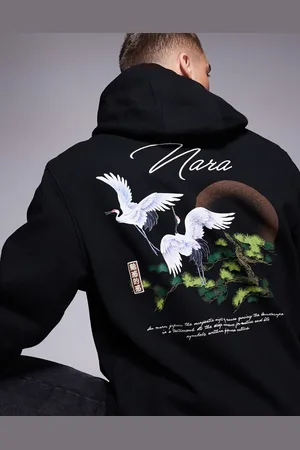 River Island Sudadera negra con capucha y estampado trasero de grulla y texto japonés de