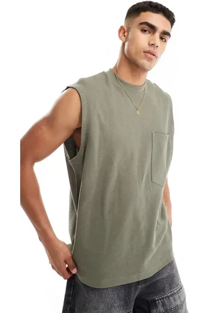 ASOS Camiseta caqui extragrande sin mangas con bolsillo delantero de -Verde
