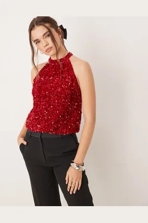VILA Top rojo con cuello halter de velour y lentejuelas de