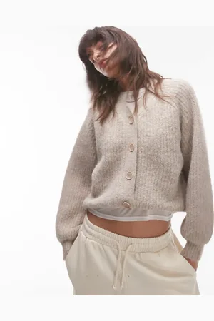 Topshop Cárdigan color avena con cuello subido de pico de punto mullido de -Blanco