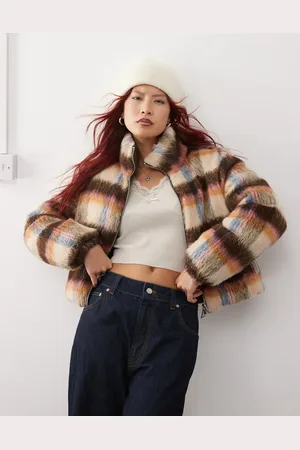 Monki Chaqueta acolchada a cuadros marrones reversible con acabado efecto pelo de -Marrón