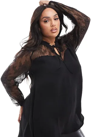 Yours Blusa negra con lazada al cuello y escote en forma de corazón de encaje de