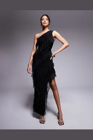 Fashionkilla Vestido largo asimétrico con abertura hasta el muslo y detalle de volante de