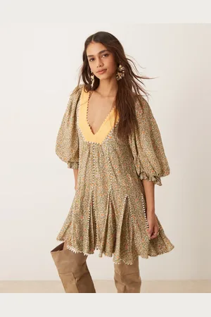 Free People Vestido corto verde de estilo bohemio con mangas abullonadas y estampado de florecitas de