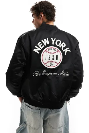 New Era Chaqueta bomber negra con estampado trasero de béisbol "NY" de