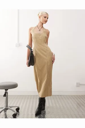 Lioness Vestido midi beis a rayas con cuello halter y abertura trasera de -Beis neutro